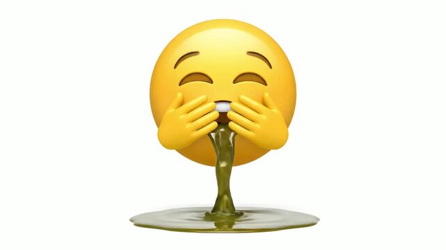 An intensely sick, bright yellow vomiting emoji spewing green liquid is isolated digitally on a clean white background.