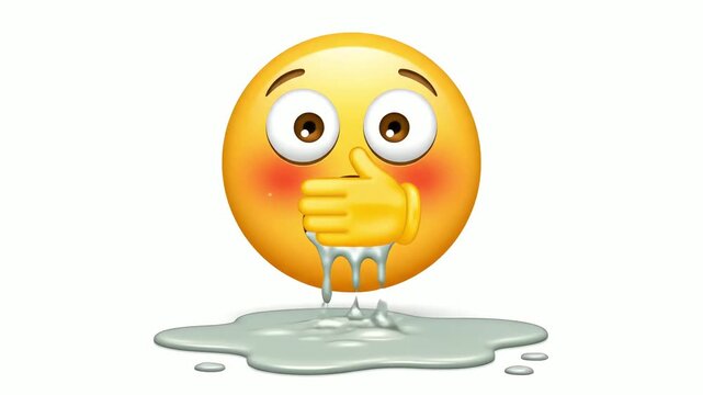 A nauseous yellow emoji is digitally illustrated, covering its mouth while vomiting pale green liquid on a clean white background.