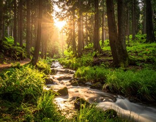 Lush forest scene, sunlight streams, flowing water