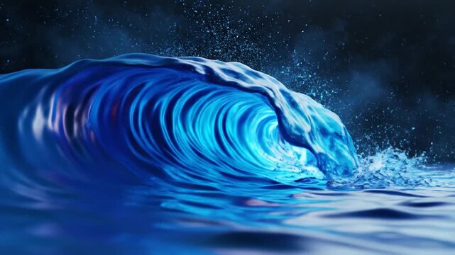 A powerful blue ocean wave crests and breaks with splashing water against