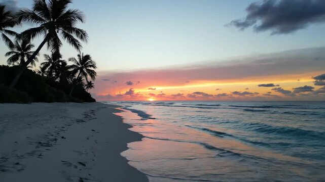 A scenic beach captured during sunrise. Palms in silhouette, sandy shore, ocean waves, colorful sky