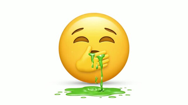 A 3d rendered illustration of the sick emoji face vomiting green liquid on a clean white background.