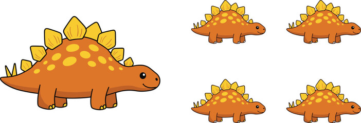 Adorable cartoon stegosaurus dinosaurs in orange and yellow with playful spots and plates, arranged in a group and individually on a white background © TAZMIN