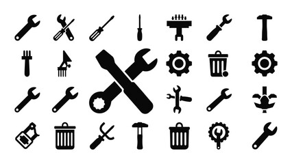 Obraz premium A collection of various tools and equipment icons in a black and white theme isolated on white background, Vector
