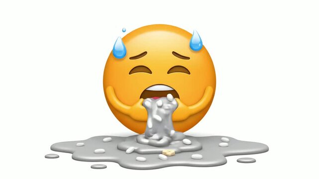 A distressed yellow emoji face is vomiting gray liquid, a digital illustration isolated on a clean white background.