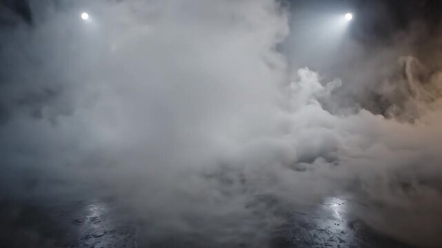 Thick white smoke or fog billows across a dark stage floor with bright