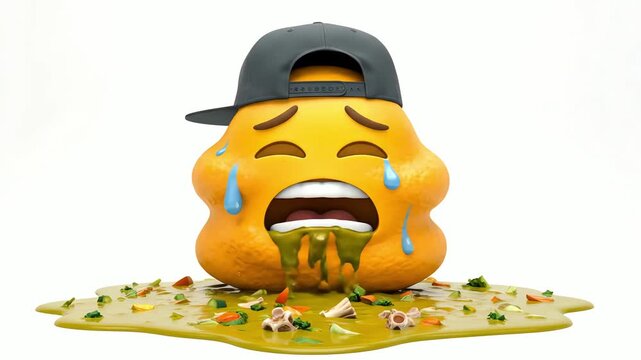 Detailed 3d rendering of a sick yellow emoji character wearing a cap, throwing up green vomit on white.