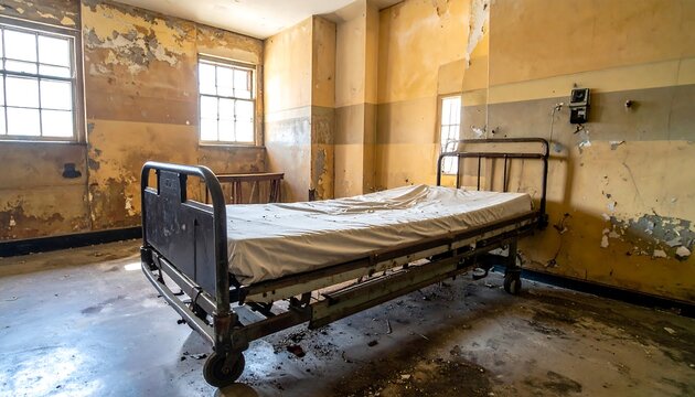 Abandoned hospital room, a dilapidated bed sits in a decaying space. Sunlight streams through grimy windows