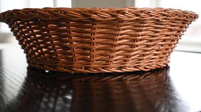 A close-up shot of a woven basket resting on a reflective, dark-toned surface