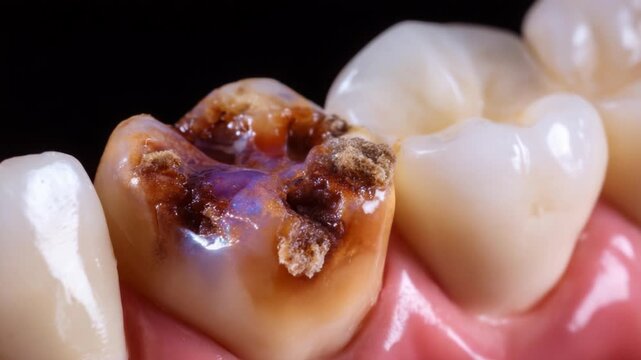 Detailed Close-Up Examination of Dental Caries Progression Highlighting Cavities and Surrounding Healthy Tooth Structures in a Clinical Setting
