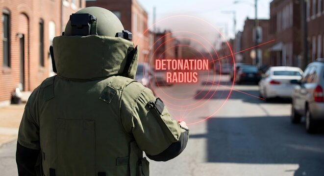 Bomb Disposal Technician in EOD Suit with Holographic "Detonation Radius" Display on City Street