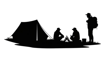 Silhouettes of people camping with a tent and campfire. © Mawan