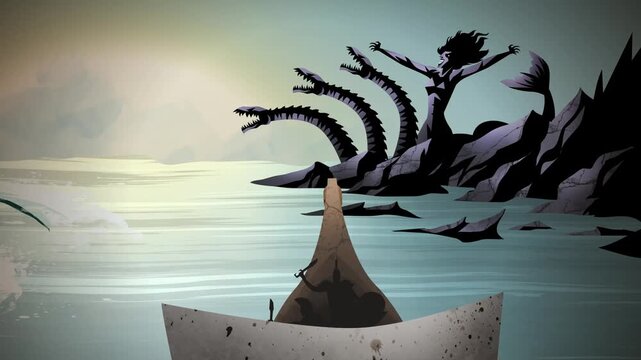 trireme boat sailing between scylla and charybdis greek mythology monsters