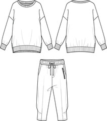 Fashion flat of a two-piece women's loungewear set featuring a crew neck sweatshirt and cropped drawstring pants with a zippered pocket detail © TAZMIN