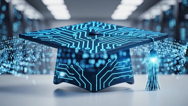 A graduation cap adorned with glowing blue circuit board patterns, representing digital knowledge