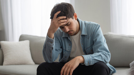 Fototapeta premium Young man feeling stressed and overwhelmed sitting on couch