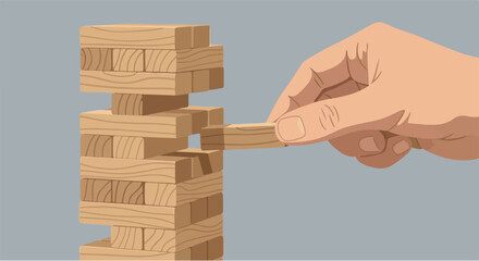 A careful hand delicately extracts a wooden block from a towering stack, symbolizing strategic risk, critical decision-making, and the intricate balance required in complex challenges © onepixland