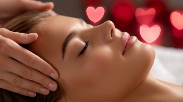 Relaxed woman enjoying facial massage and head massage with heart shaped bokeh lights creating warm loving romantic spa wellness, 4k video.