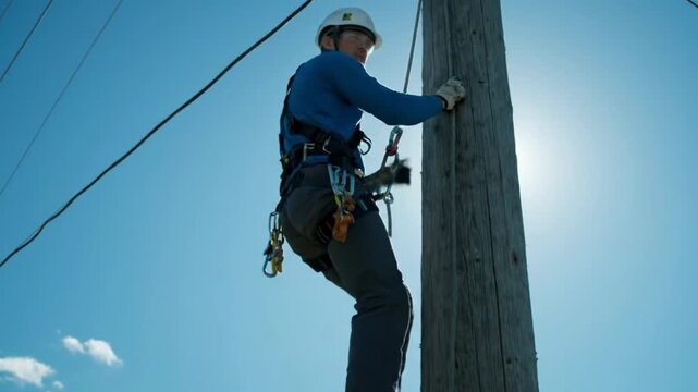 Skilled electrician full safety gear expertly climbs utility pole perform essential maintenance electrical cables showcasing importance safety professional training utility industry