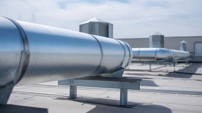 Medium shot close-to-medium rooftop scene showing ERV with insulated ductwork crossing the roof on supports, expansion joints and hangers visible, clean technical composition, indu