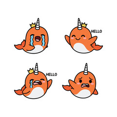 Cute cartoon narwhals with different emotions and crowns on white background © Mst Sahera