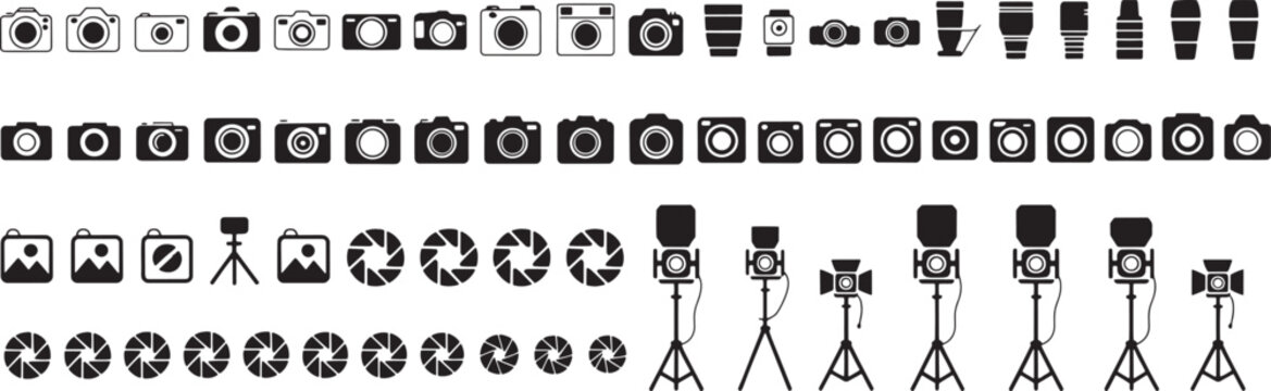 Collection of various camera and photography icons and symbols on white background