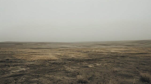 Vast open field landscape with dry earth and pale gray sky.