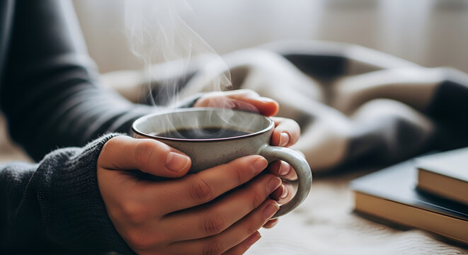 Hands holding a hot steaming cup of coffee or tea