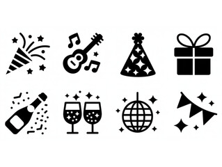 Fototapeta premium Set of eight black and white party icons, featuring celebration elements like champagne and disco balls