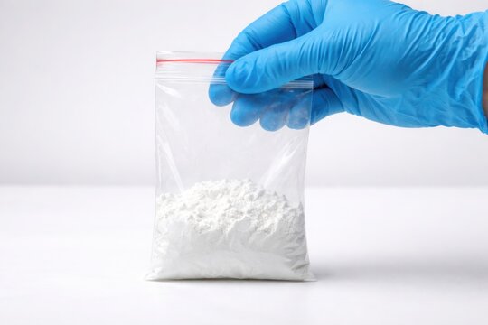 Gloved hand holding plastic bag with white powder or drug on white table