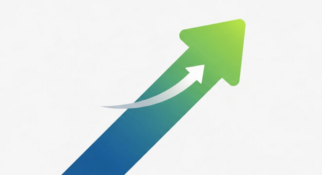 Upward trending blue and green gradient arrow icon symbolizing growth and progress with white arrow overlay on transparent background