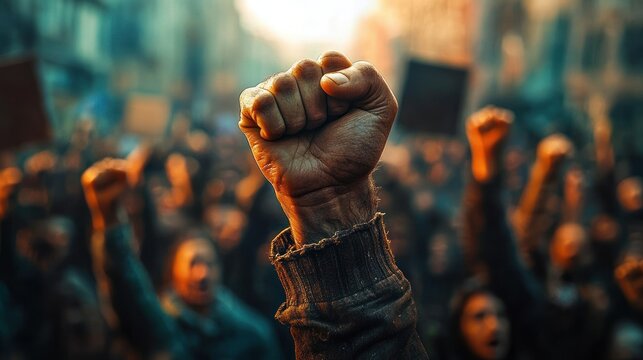 Clenched fist raised above a city crowd of protesters, conveying solidarity, defiance and determination during a public demonstration