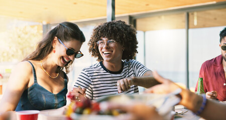 Laughing, bbq and relax with friends outdoor for social reunion, lunch and summer vacation. Funny, party and barbecue cookout with group of people eating food in backyard of home for holiday © WesJVR/peopleimages.com