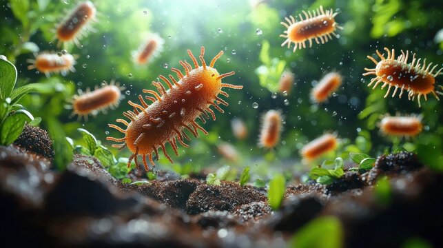 vibrant orange rod-shaped microbes with hair-like appendages drifting above moist soil and tiny green seedlings, glowing with lively mystery