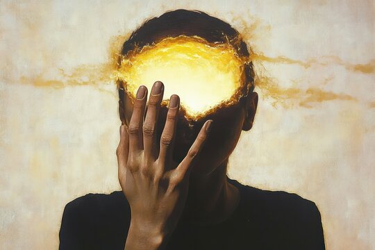 Figure with a hand over face and a glowing open forehead revealing bright flame-like light, evoking inner turmoil and sudden revelation