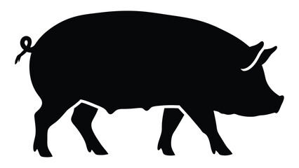 A black silhouette of a pig standing on all fours with a ribbon around its tail isolated on white background, Vector