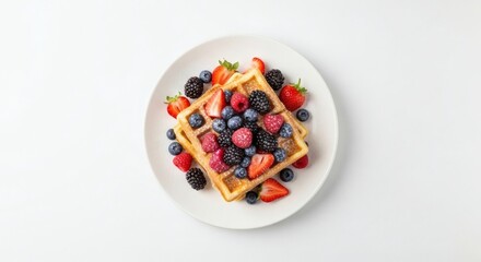 Waffles Topped with Fresh Berries on White Plate Ultra-Realistic Top View Food Photography, Seamless Shadow-Free Studio Background