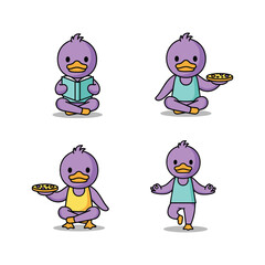 Purple cartoon duck character set with different poses and expressions on white background