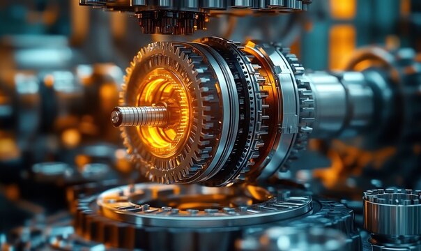 Close-up of interlocking metal gears and rotating shaft with glowing orange core, precision machinery radiating energy and intense industrial power