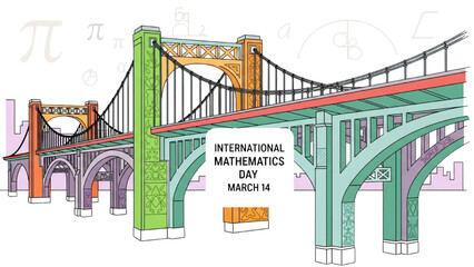 High-quality black outline colorful art of a bridge structure highlighting mathematical symmetry for International Mathematics Day March 14