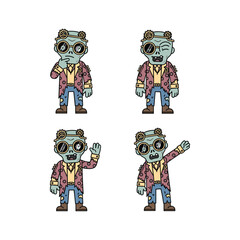 Steampunk zombies in various poses with goggles and leather jackets