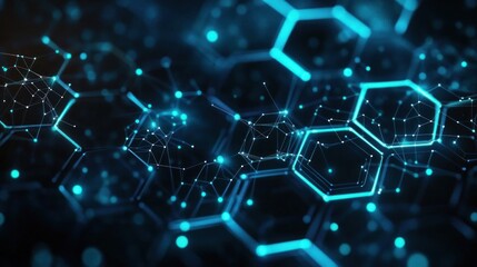 Fototapeta premium glowing blue hexagonal network with connected nodes and lines, abstract futuristic digital grid conveying connectivity and dynamic energy