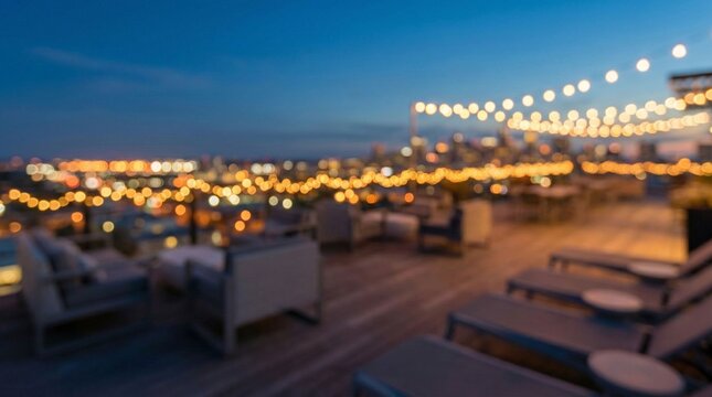 Blurred Rooftop Terrace Lounge at Twilight with Warm String Lights and City Skyline Bokeh
