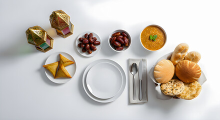 Top View Ramadan Iftar Food Scene on White Background