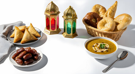 Minimal Ramadan Iftar Food Scene on White Background