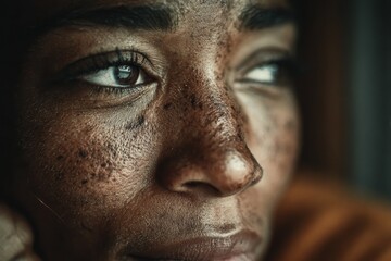 Obraz premium Minimalist beauty portrait of Black woman highlighting textured skin and facial features for skincare, diversity, and empowerment themes