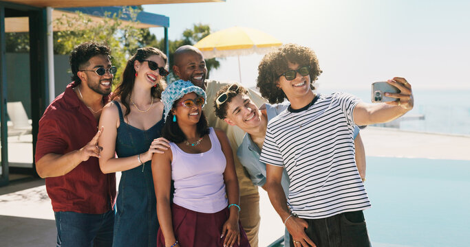 Smile, selfie and summer with friends outdoor for bonding, social media and holiday connection. Vacation getaway, happiness and photography with group of people on patio of home or resort as gen z