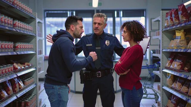 Couple arguing grocery aisle police officer mediating tense dispute near snack shelves, uniformed officer gestures to calm, shoppers face each other, bright store lighting, close