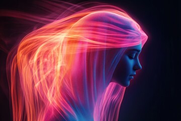 Ethereal flowing ribbons of neon light in pink, orange and purple, glowing fabric-like motion conveying warmth and dreamy energy