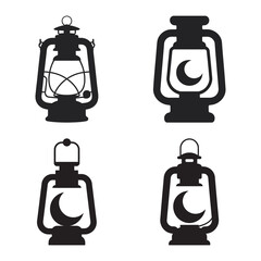 Four black silhouettes of various lanterns, including designs with a prominent crescent moon symbol